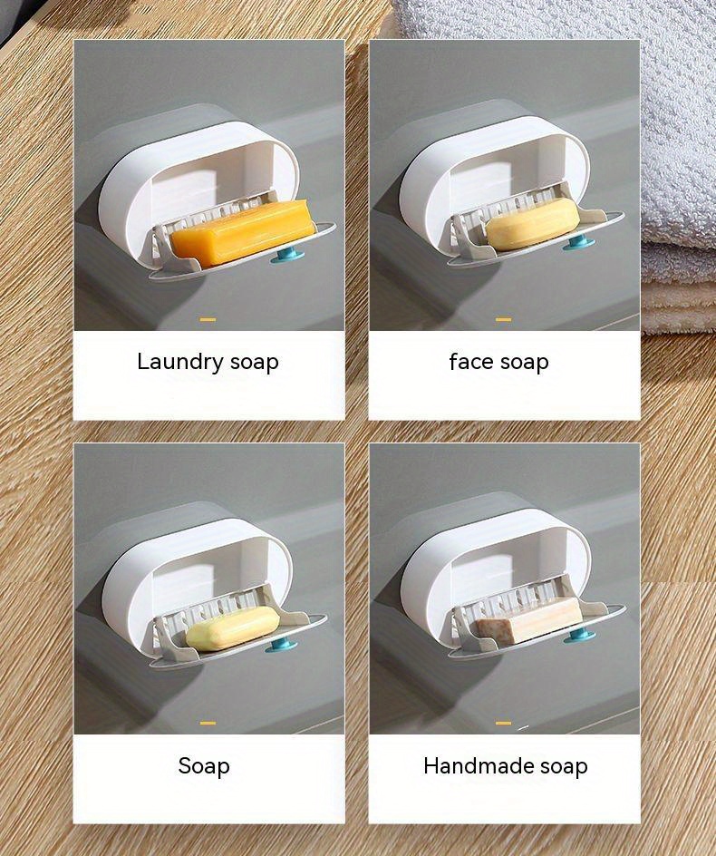 1pc wall mounted soap dish with lid drain soap holder universal flip soap box traceless installation   case bathroom accessories details 6
