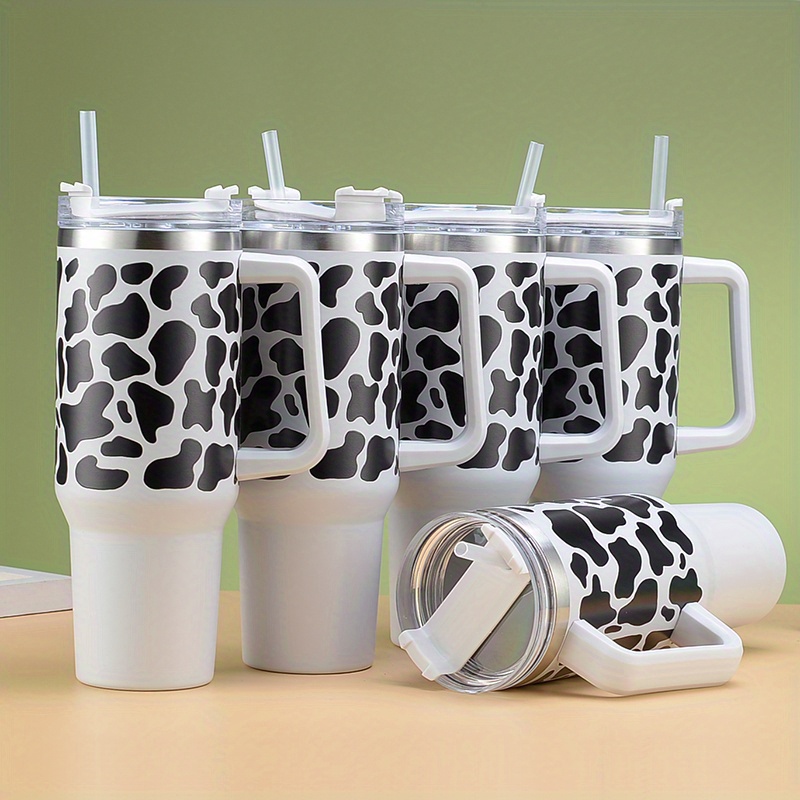 Cow Print Studded Tumbler With Lid And Straw Stainless Steel - Temu