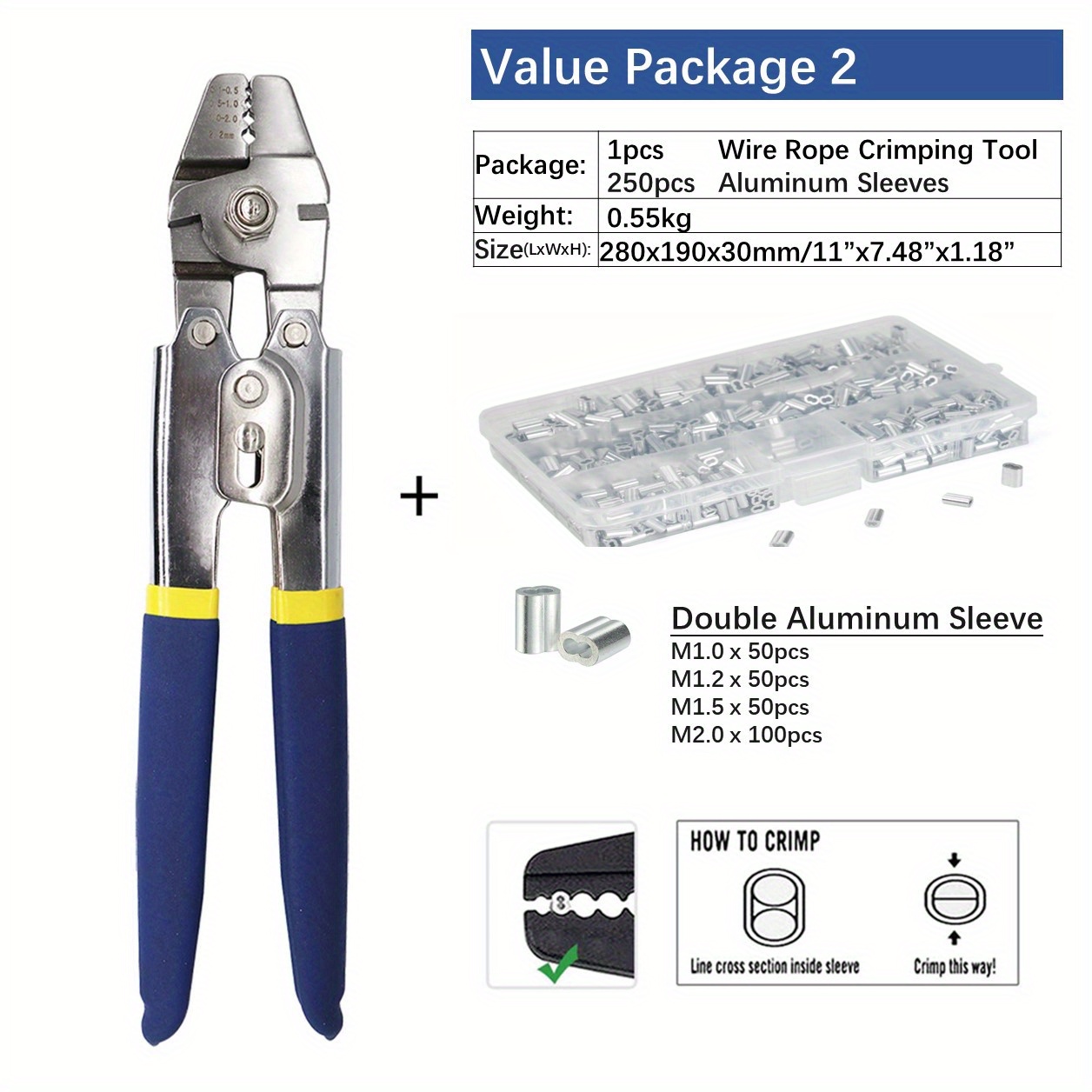 Crimping Tool, Wire Rope Crimping Tool, Up To 2.2mm Swager Crimper Fishing  Wire Crimping Tool with 100 PCS Aluminum Double Barrel Ferrule Crimping