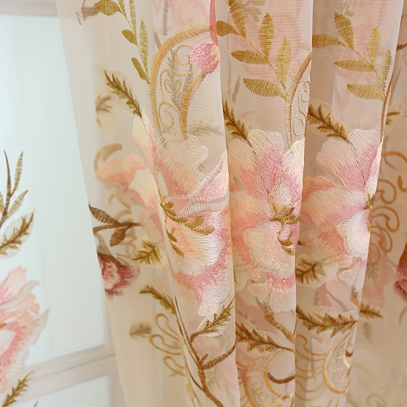 1pc elegant pink floral embroidered sheer curtain with eyelets semi transparent polyester machine washable for living room bedroom privacy decorative window treatment european style curtains intricate embroidery curtains for living room details 2