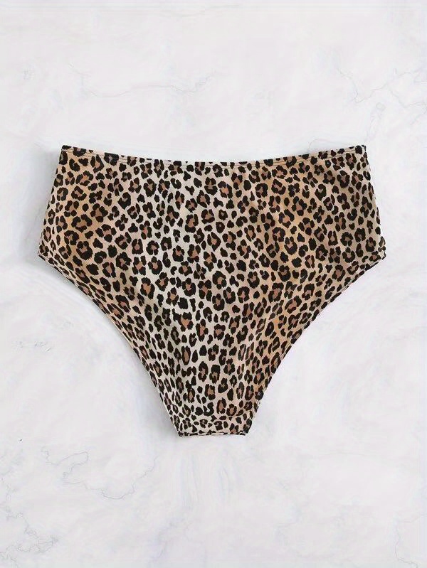 Leopard Print Hollow Out High Waist Bikini Bottoms, Stretchy Sexy Tummy Control Stylish Swim Briefs, Women's Swimwear & Clothing