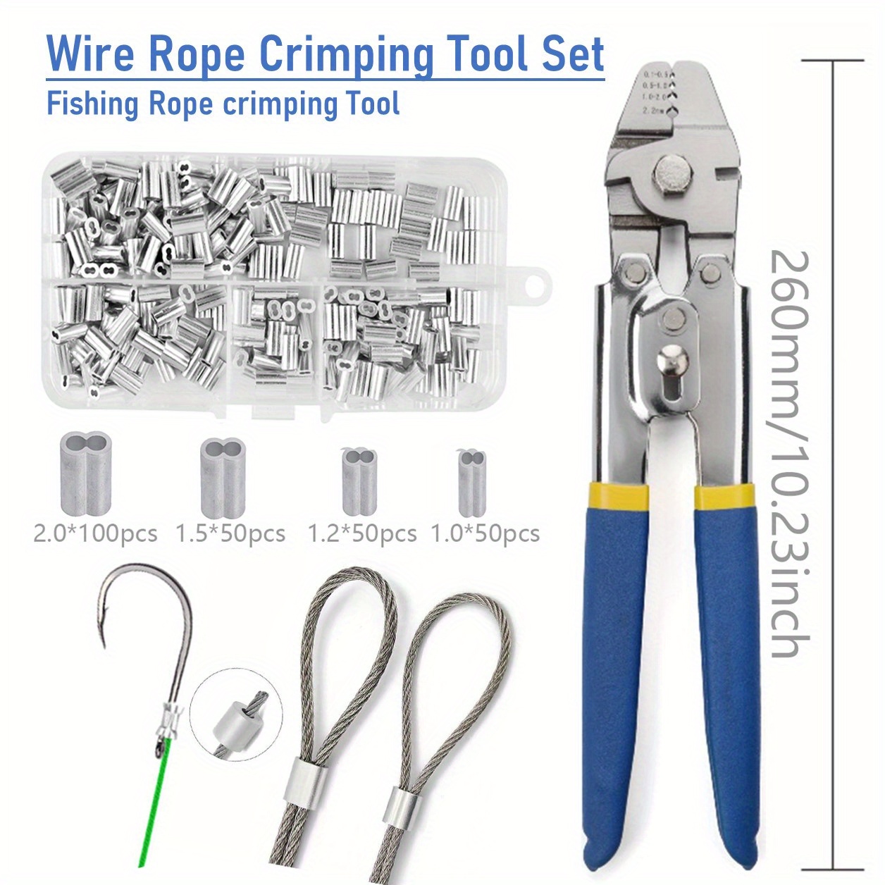 Fishing Crimping Tool Fishing Line Crimping Kit,Fishing Crimping Pliers  with Crimp Sleeves Beads Set Wire Rope Leader Crimping Tool 10in Crimper  Plier