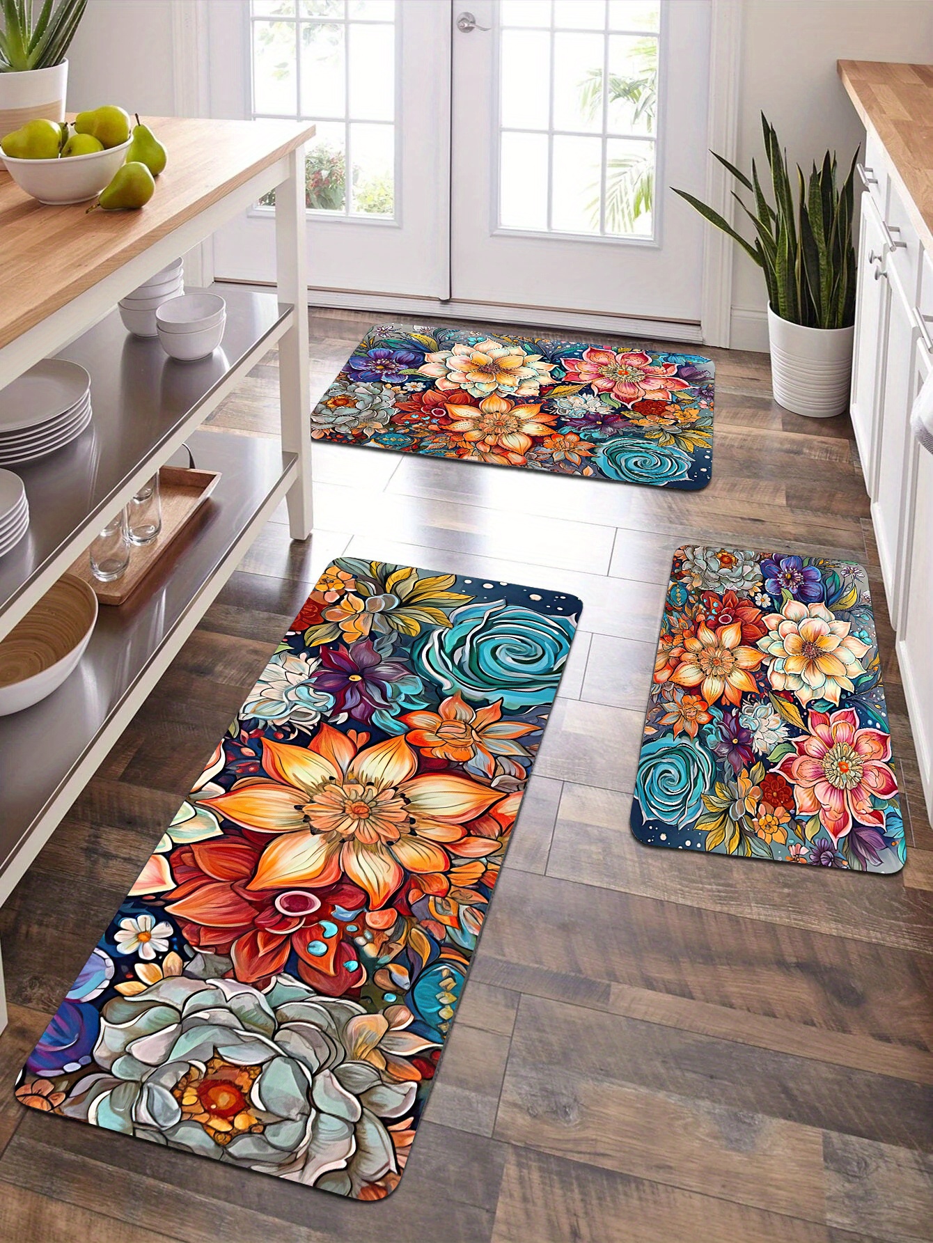  MUENINELE Kitchen Rugs and Mats 2Pcs, Mid Century Bohemian  Tropical Plants Leaves Geometric Oil Painting Non-Slip PVC Waterproof Runner  Rug for High Traffic Area, Indoor and Outdoor, 18X30+18X47 : Home 