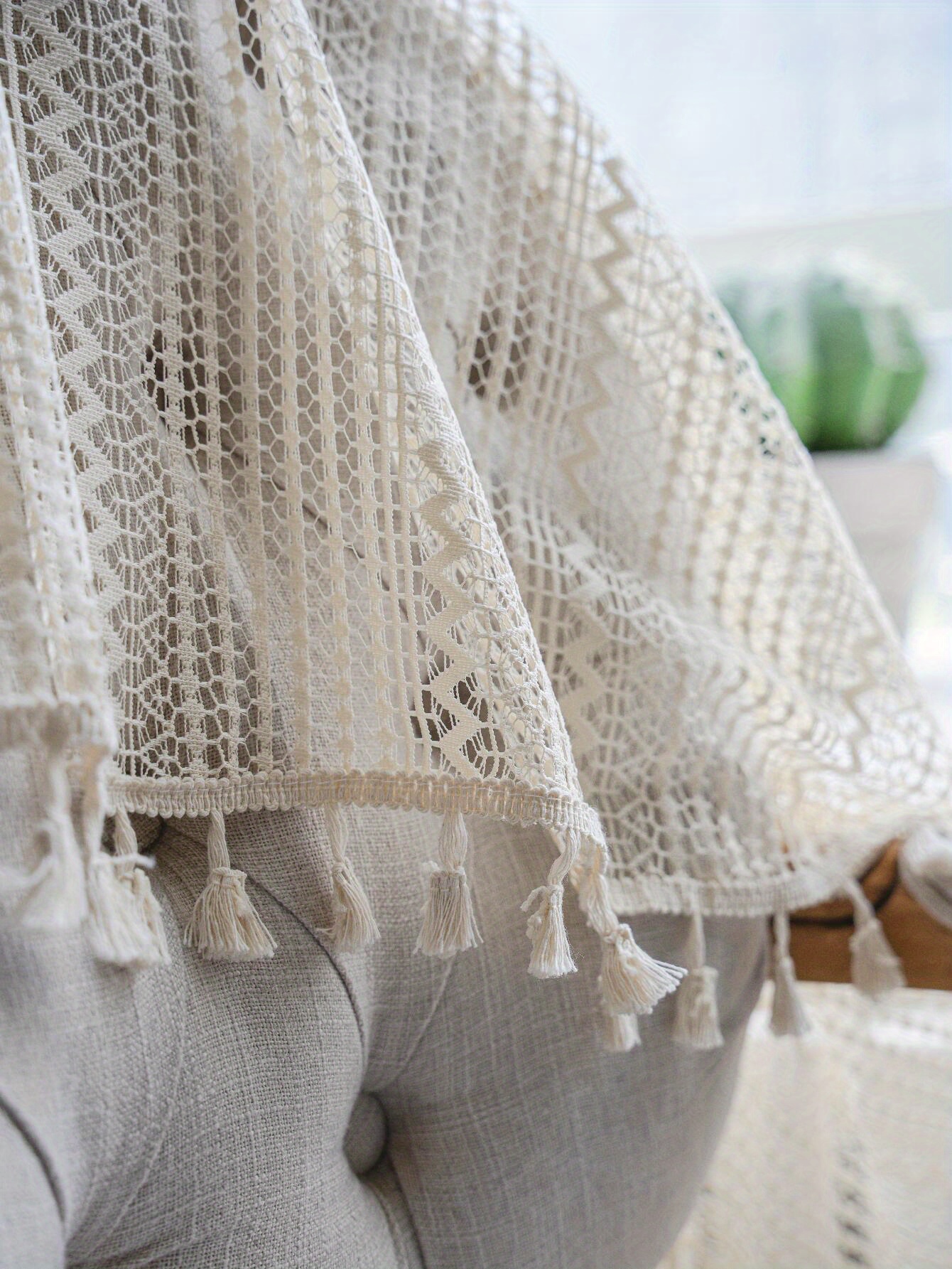 boho chic beige crochet fringe curtain uv protection rod   for living room bedroom dining decor details 6