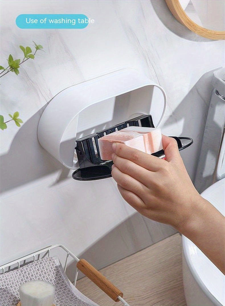 1pc wall mounted soap dish with lid drain soap holder universal flip soap box traceless installation   case bathroom accessories details 7