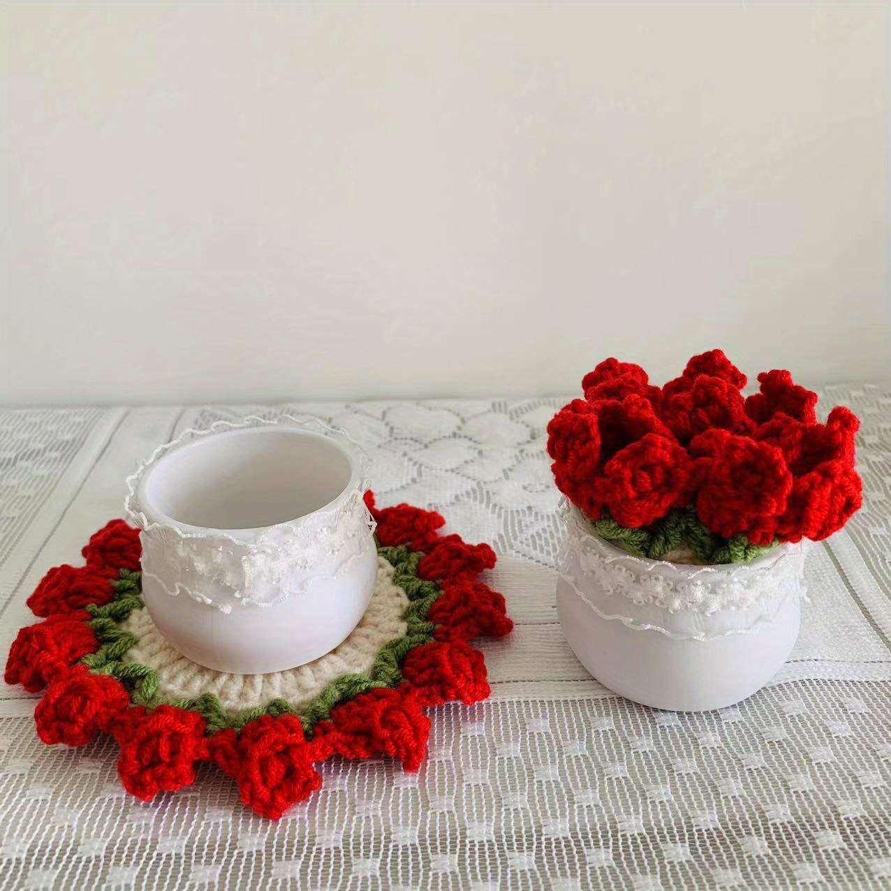 Handmade Crochet Coaster Artificial Flower Potted Pattern - Temu