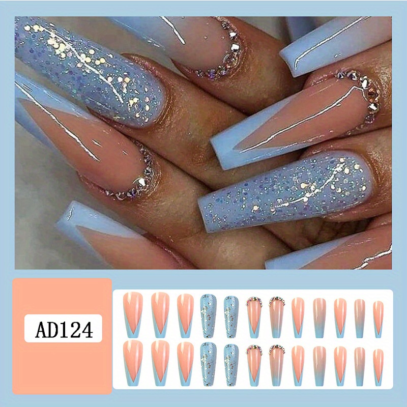 24pcs Black Gradient Fake Nails, Glitter Sequin Press On Nails With  Rhinestone Design, Glossy Full Cover Long Coffin Ballet False Nails For  Women And