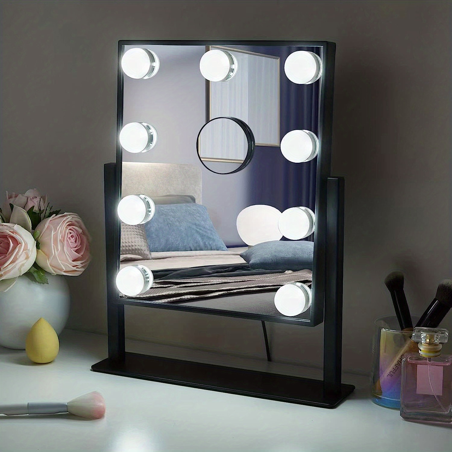 VVSmriti Espejo de tocador de montaje de mesa con luces, espejo de  maquillaje con 9 luces LED, control táctil inteligente, 3 colores, luz de  rotación