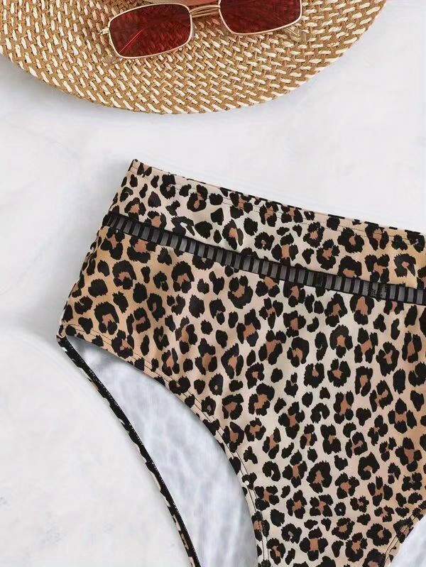 Leopard Print Hollow Out High Waist Bikini Bottoms, Stretchy Sexy Tummy Control Stylish Swim Briefs, Women's Swimwear & Clothing