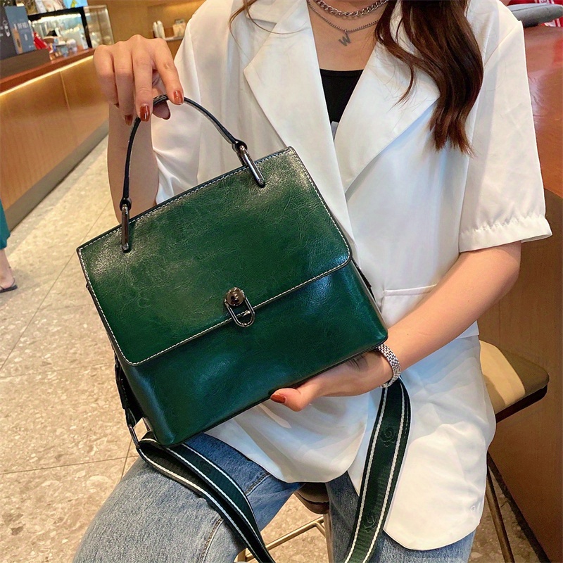 Vintage Oil Wax Leather Handbag Women Trendy Wide Strap - Temu