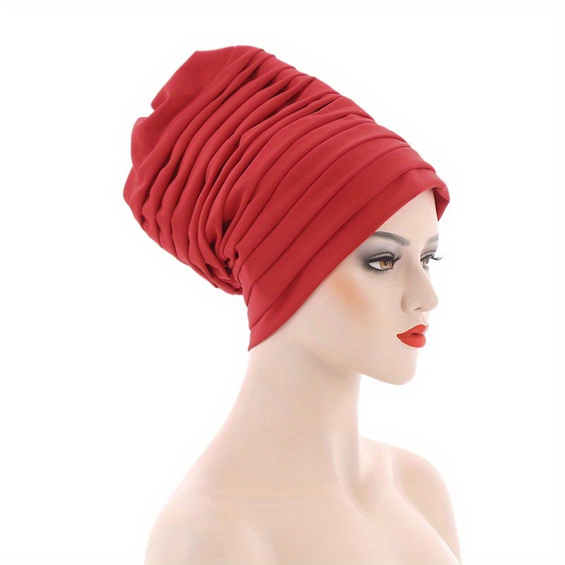 Layered Pleated Turban Cap Elastic Head Wrap Solid Ramadan Head Scarf