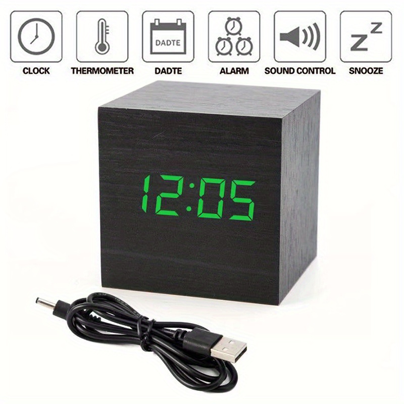 LED Réveil en Bois Réveil numérique en bois, Horloge Digital Cube avec  Activation Vocale