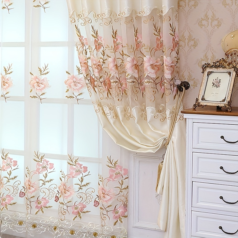 1pc elegant pink floral embroidered sheer curtain with eyelets semi transparent polyester machine washable for living room bedroom privacy decorative window treatment european style curtains intricate embroidery curtains for living room details 4