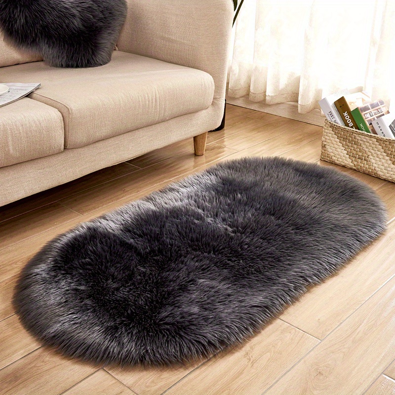 oval   sheepskin indoor bedroom bedside rug mat long plush washable details 2