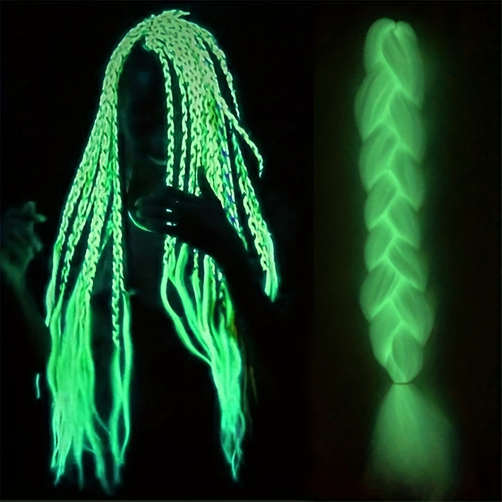 24 Inches 100g Glowing Synthetic Jumbo Braids Fluorescent Green Shinning  Hair In The Darkness Crochet Braiding Hair Extensions