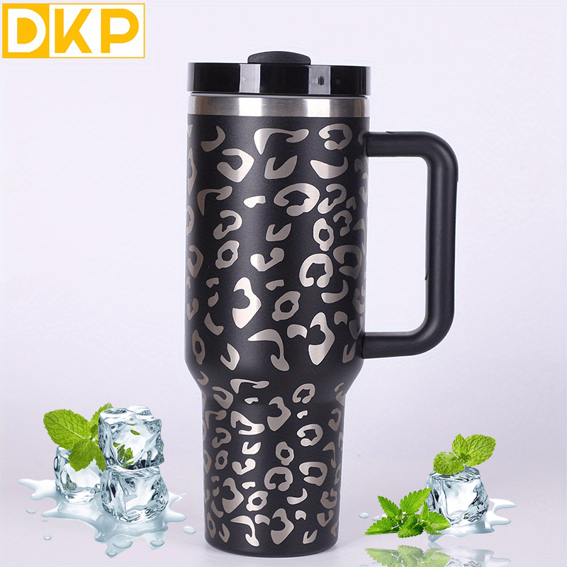 1pc Creative Leopard Print 40oz Vacuum Insulated Tumbler With Handle,  Portable Stainless Steel Travel Mug