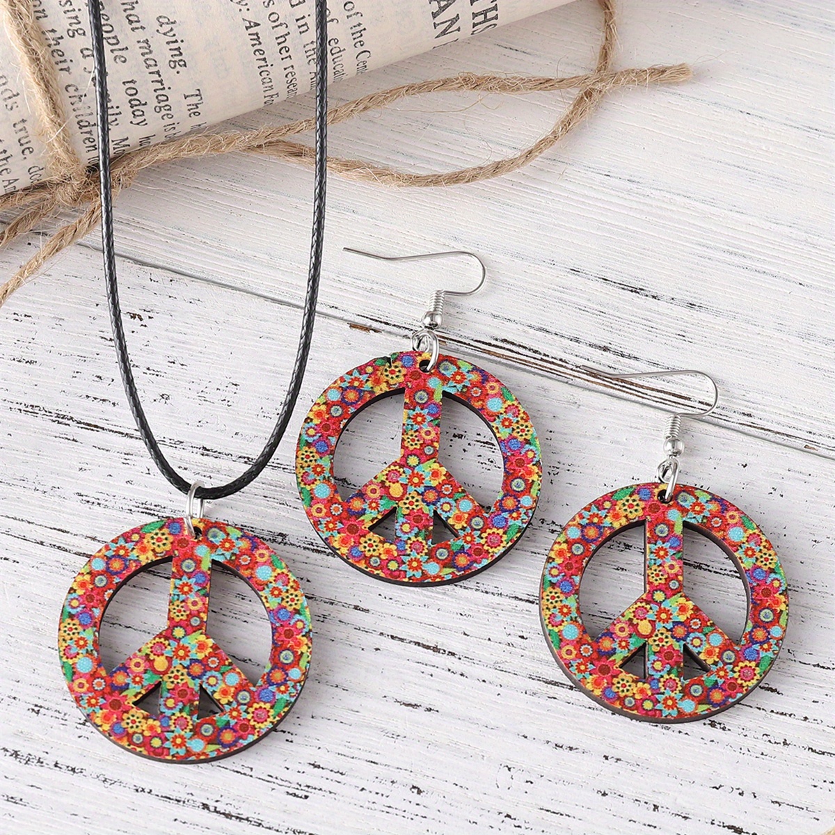 1 paio di orecchini + 1 collana Set di gioielli stile Boho in legno Segno di  pace alla moda Regalo perfetto per i sostenitori della pace Abbina gli abiti  quotidiani - Temu Switzerland