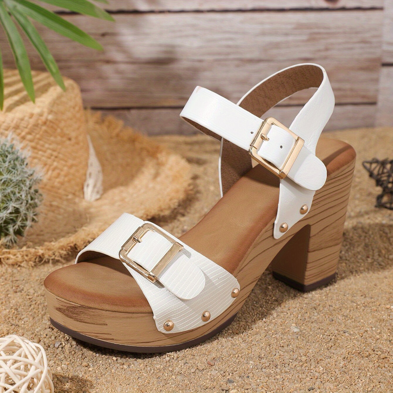 Women's Platform High Heels, Buckle Strap Open Toe Wood Grain Block Heels,  Fashion Slingback Sandals