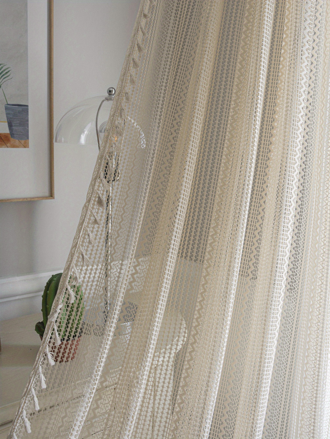 boho chic beige crochet fringe curtain uv protection rod   for living room bedroom dining decor details 7