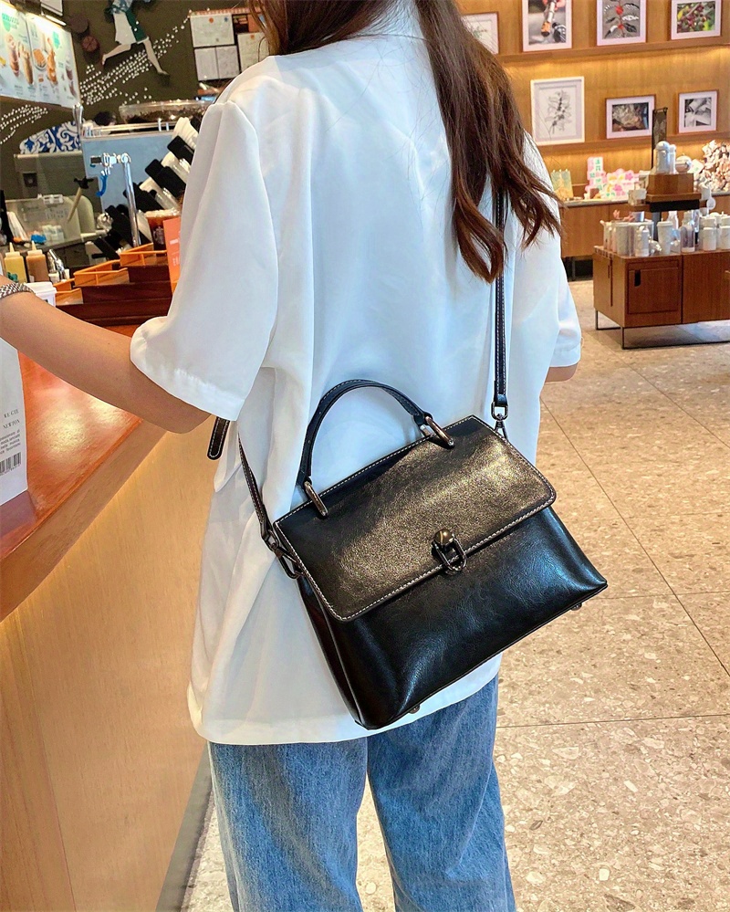 Vintage Oil Wax Leather Handbag For Women, Trendy Wide Strap Crossbody