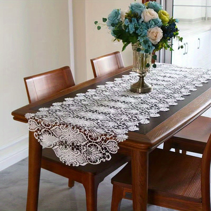 Image of European- Lace Tablecloth, Coffee Table Cover, Tv Cabinet Cover, Bedside Table Dust Cover, Floral Table Runner, Table Mats, Party Decoration Cloth, Table Runner