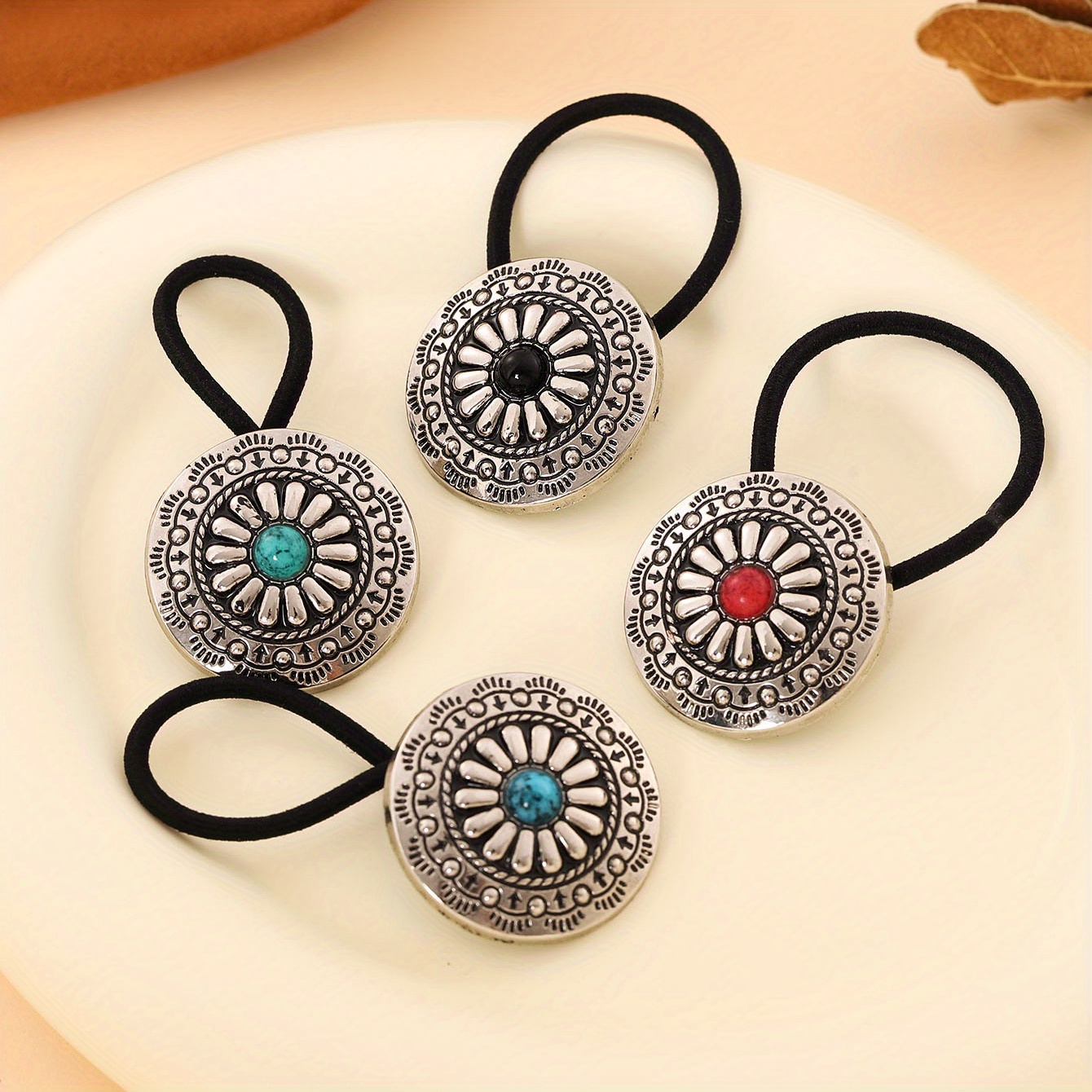 4pcs Western Style, Alloy Turquoise Sunflower Hair Band Hair Rope Rubber Band Retro Old Pumpkin Flower Elegant Fashion Silver Jewelry Headband Headdress