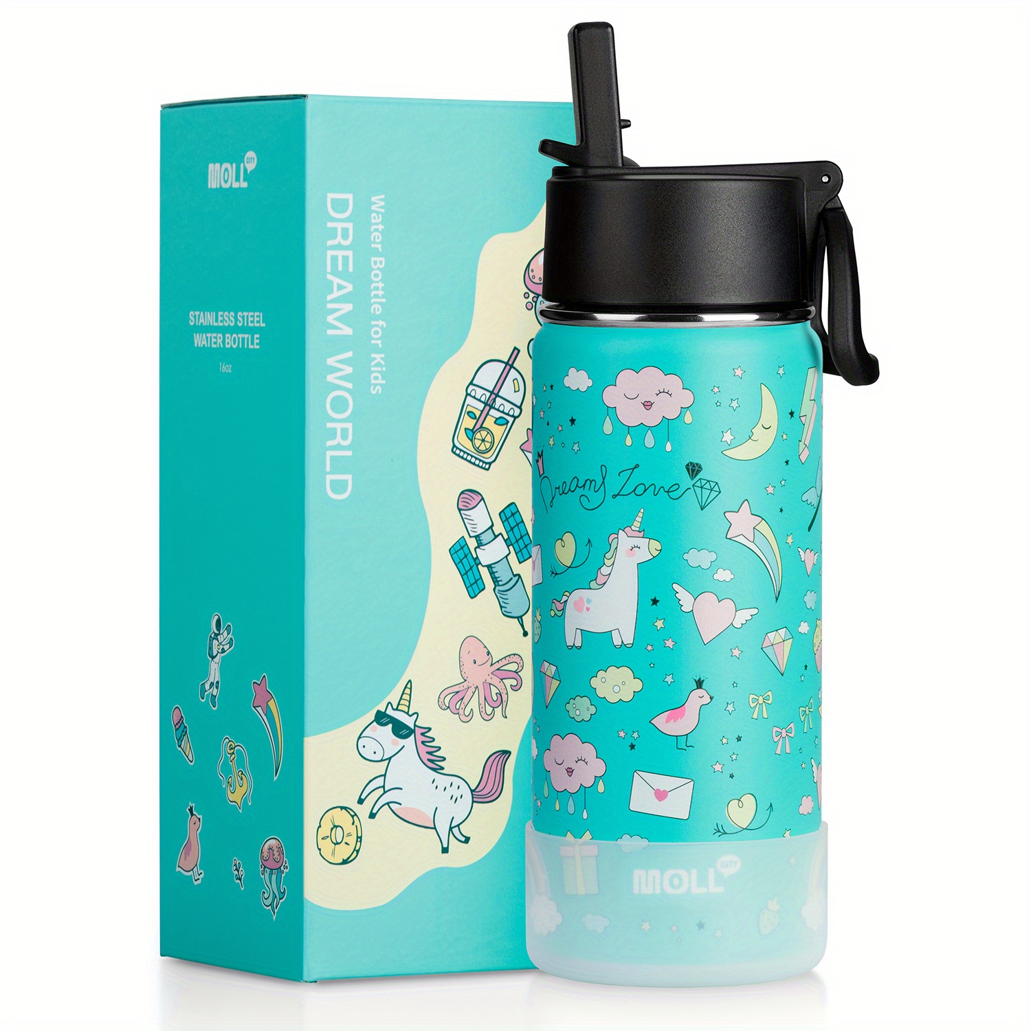 CHILLOUT LIFE 17 oz Kids Insulated Water Bottle for School with Straw Lid  Leakproof and Cute Waterproof Stickers, Personalized Stainless Steel  Thermos