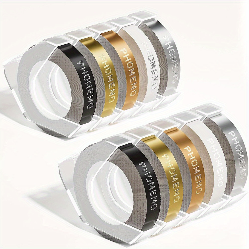 Phomemo 10pcs 3/8" Self-adhesive Plastic 3d Embossing Label Tape Compatible For Organizer Pro Label Makers, Black/golden/ Golden/transparent/silvery, 9mm X