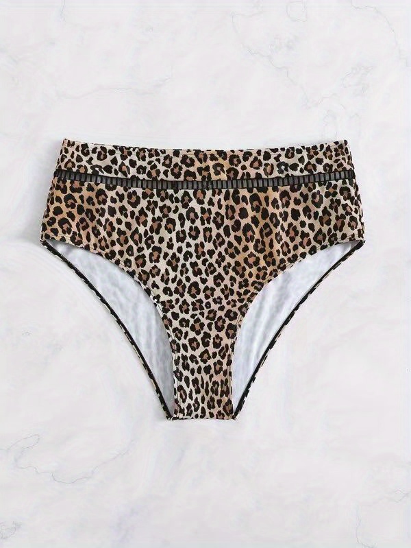 Leopard Print Hollow Out High Waist Bikini Bottoms, Stretchy Sexy Tummy Control Stylish Swim Briefs, Women's Swimwear & Clothing