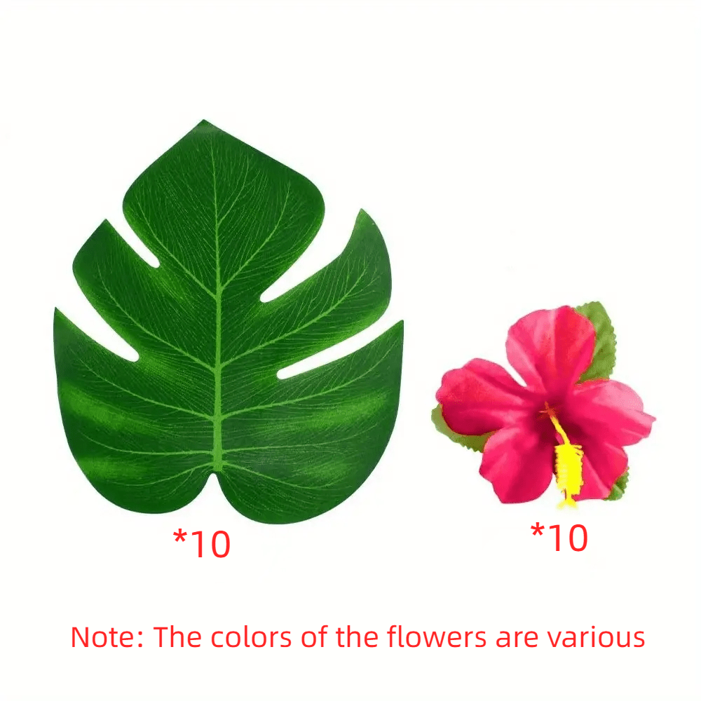 Image of 20pcs Of Tropical-themed Party Supplies Including Artificial Palm Leaves And Hibiscus Flowers, Perfect For Hawaiian Luau, , Jungle, Beach-themed Bbq, And Birthday Party Table Decorations