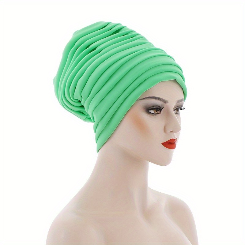 Layered Pleated Turban Cap Elastic Head Wrap Solid Ramadan Head Scarf