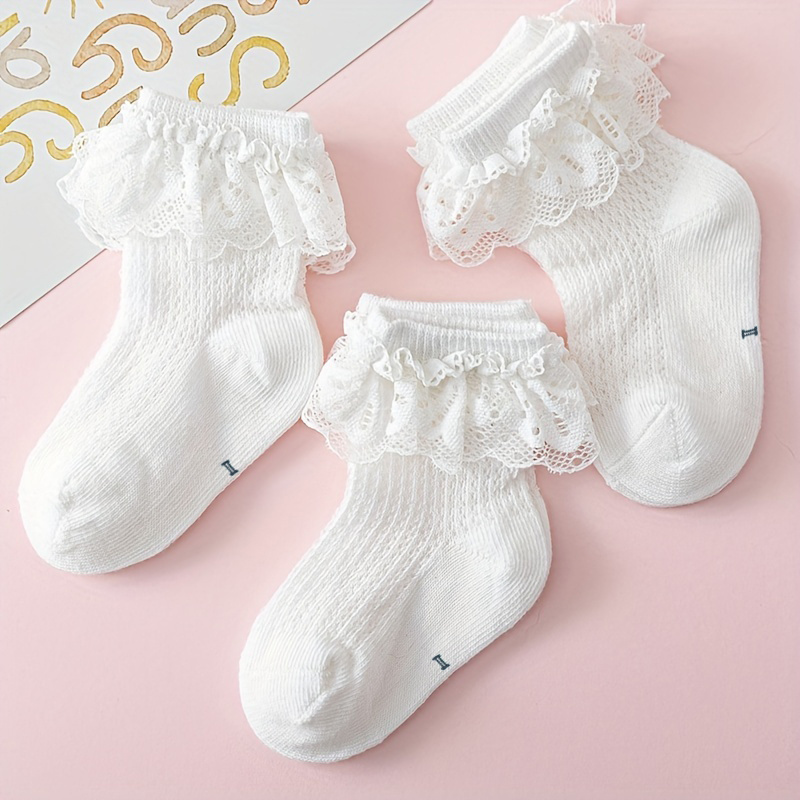 3pairs Baby Girls Lace Trim Socks, Breathable Comfortable Princess Socks For Infant Newborn Toddlers