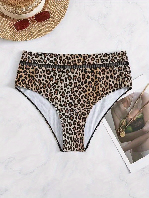 Leopard Print Hollow Out High Waist Bikini Bottoms, Stretchy Sexy Tummy Control Stylish Swim Briefs, Women's Swimwear & Clothing