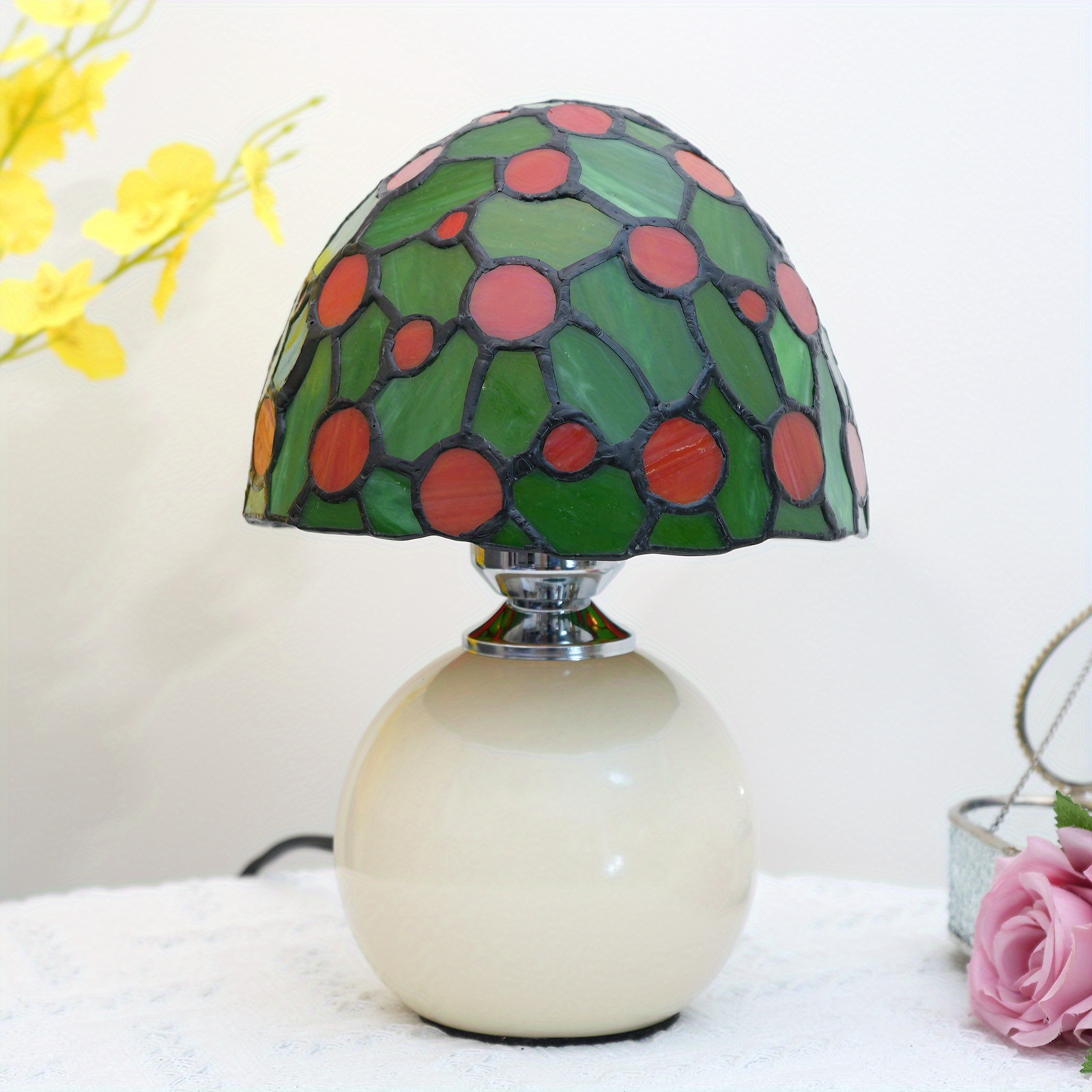 Stained Glass Pink Mushroom Table Lamp Creative Colorful Bedroom Night  Light US