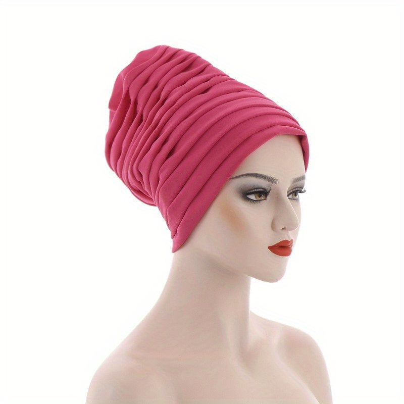 Layered Pleated Turban Cap Elastic Head Wrap Solid Ramadan Head Scarf