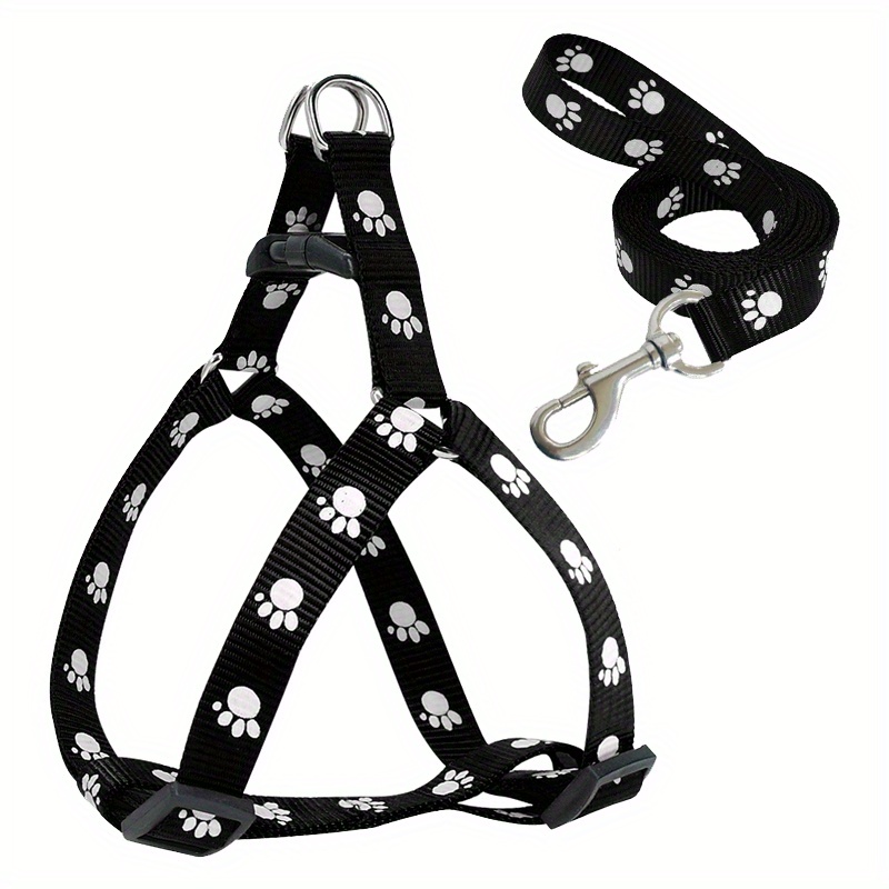 Adjustable Nylon Dog Harness And Leash Set - Fit With Paw Print Design For Small To Medium Breeds, Durable & Soft Material