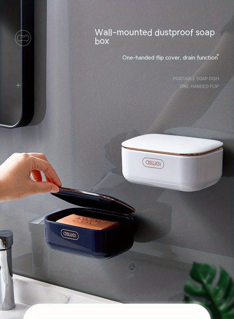 Leakproof Wall-Mounted Soap Dish with Lid - Durable Plastic, Rectangular Bathroom Accessory, Soap Holder, Soap Container, Drip Tray