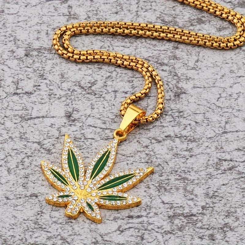 trendy rhinestone studded weed leaf pendant necklace 420 jewelry details 1