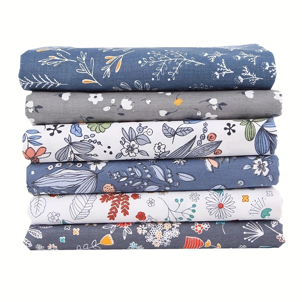 6pcs Fat Quarter Floral And Leaf Pattern Fabric, Grey And Dark Blue Fabric  For DIY Patchwork Sewing, Doll Cloth And Handmake Bag Cloth, 19.69*15.75inc