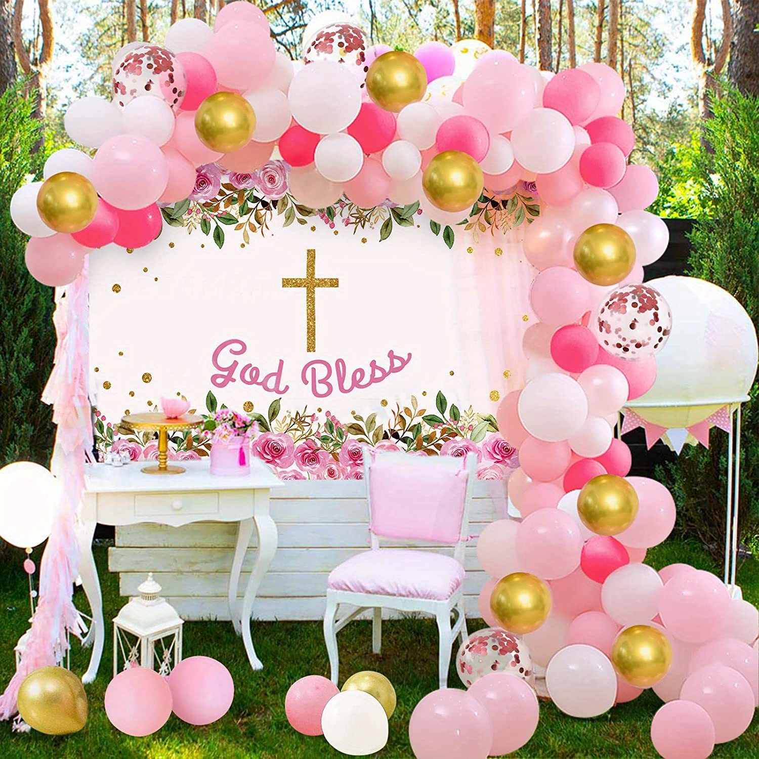  Decoraciones de fiesta de bautismo para niñas, kit de guirnalda  de globos rosa y blanco, decoración de bautizo de confirmación de la  primera comunión, globos cruzados de fondo para bautismo 