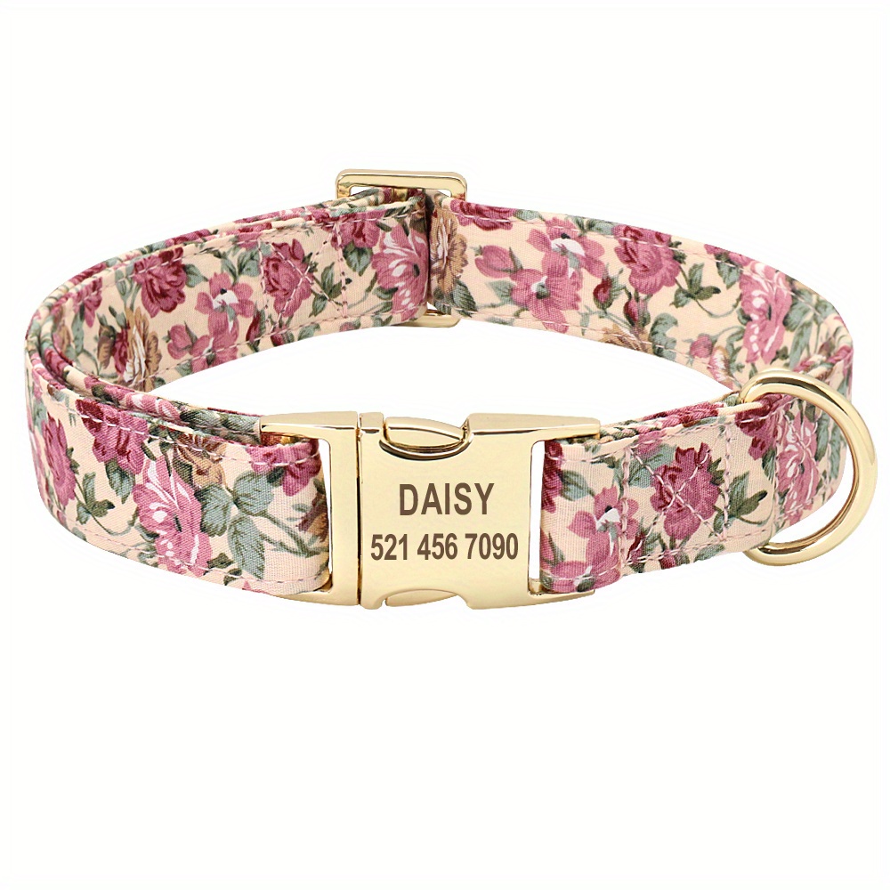 Beirui Custom Flower Girl Dog Collar for Female Dogs- Floral Pattern  Engraved Pet Collars with Personalized Gold Buckle(Daisy, S)