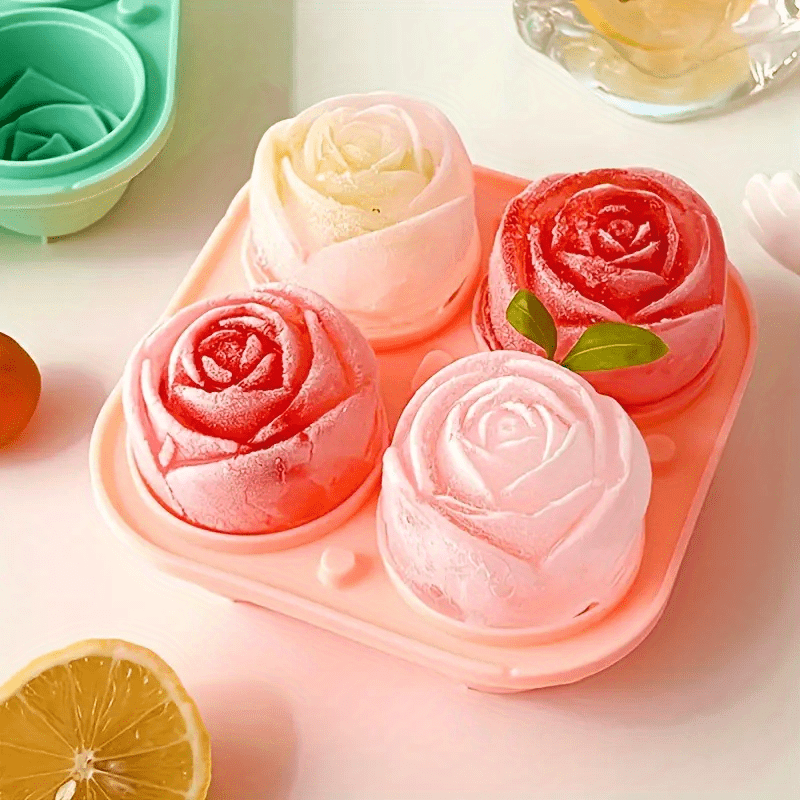 Yesbay Ice Cube Tray Food Grade High Toughness Heat-Resistant Rose Flower Heart Shaped Dessert Mold Ice Cube Maker Party Supplies, Pink