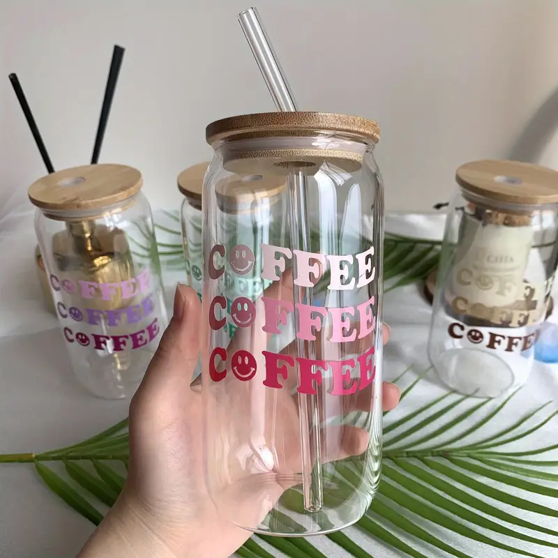 Coffee Glass Can With Bamboo Lid Glass Straw Enjoy Your - Temu Republic of  Korea