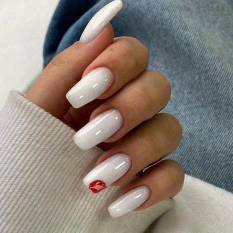 Pure White Fake Nails Sexy Red Lips Press On Nails With Temu