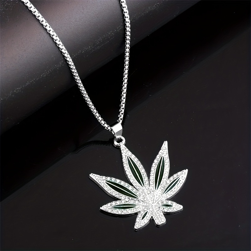 trendy rhinestone studded weed leaf pendant necklace 420 jewelry details 2