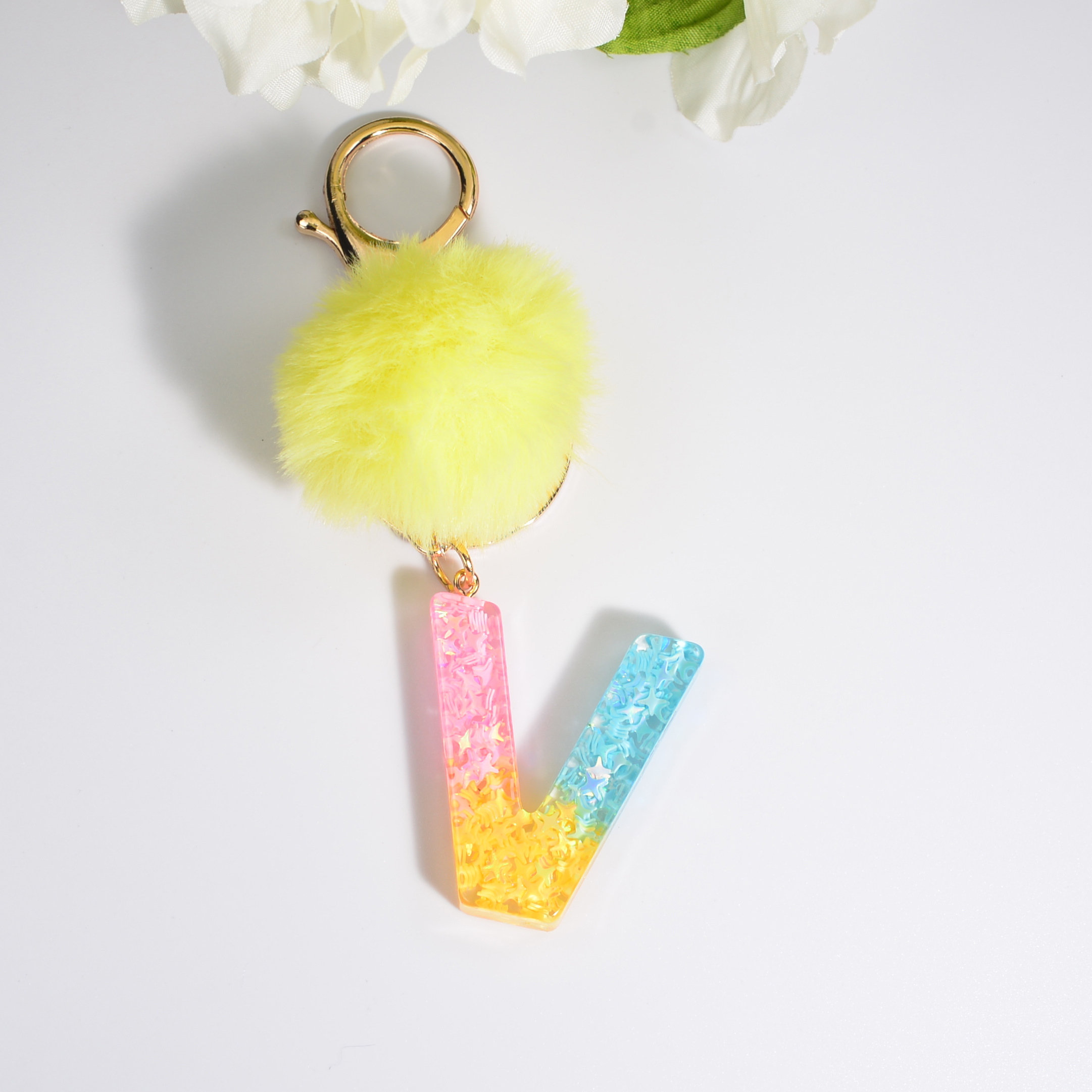 Letter Decor Heart & Pom Pom Charm Keychain