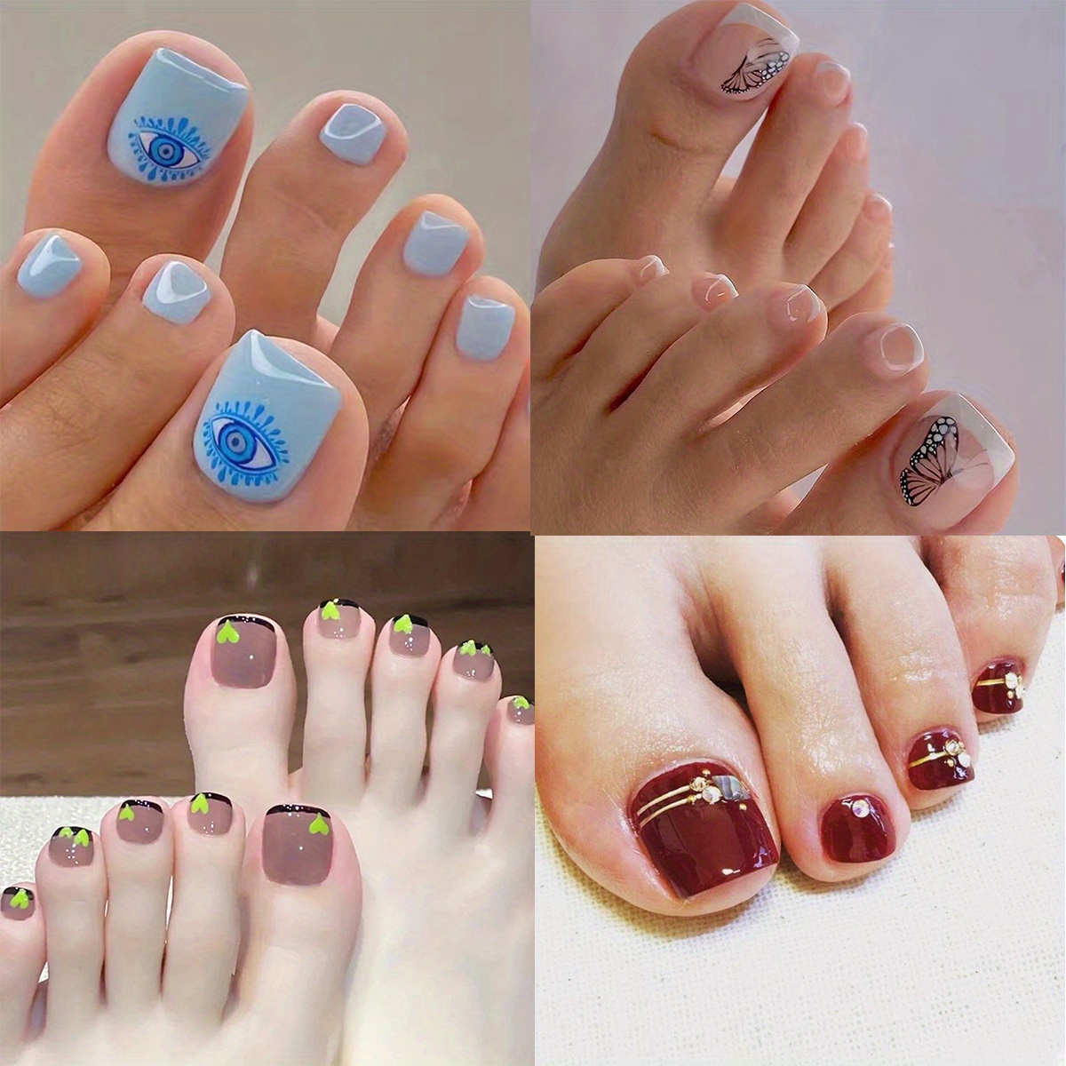 Square Short False Nail Blue Butterfly Press on Nails for Toe Nail