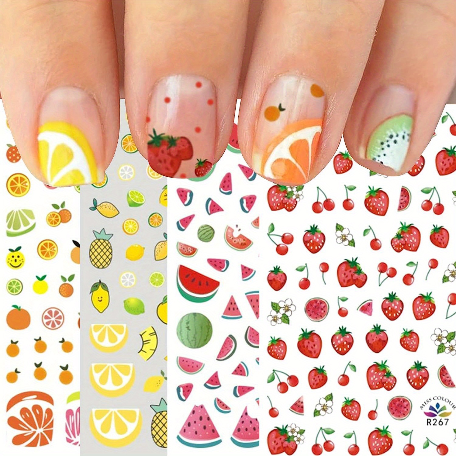 3 6 10sheets fruit nail art stickers decal self adhesive cute fruits strawberry watermelon avocado cherry nail decoration accessories for little girls details 5