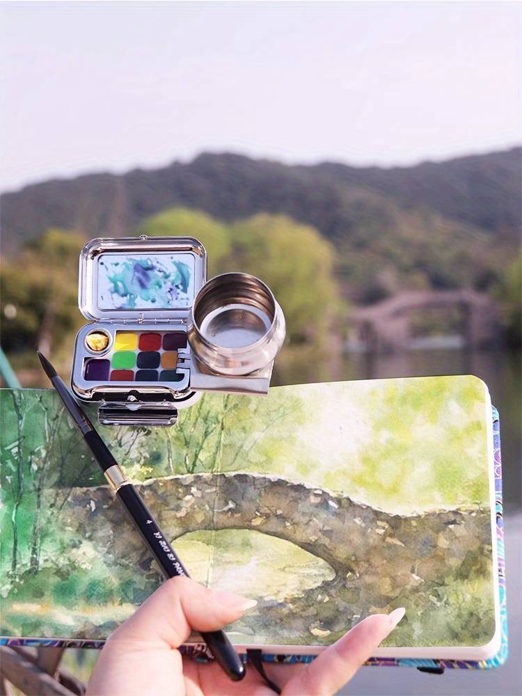 Set Mini Aquarelle De Voyage Yamobi - Palette, 12 Couleurs, 7 Pinceaux, Carnet De Croquis, Trombone - Compact Et Portable - Idéal Artistes Nomades