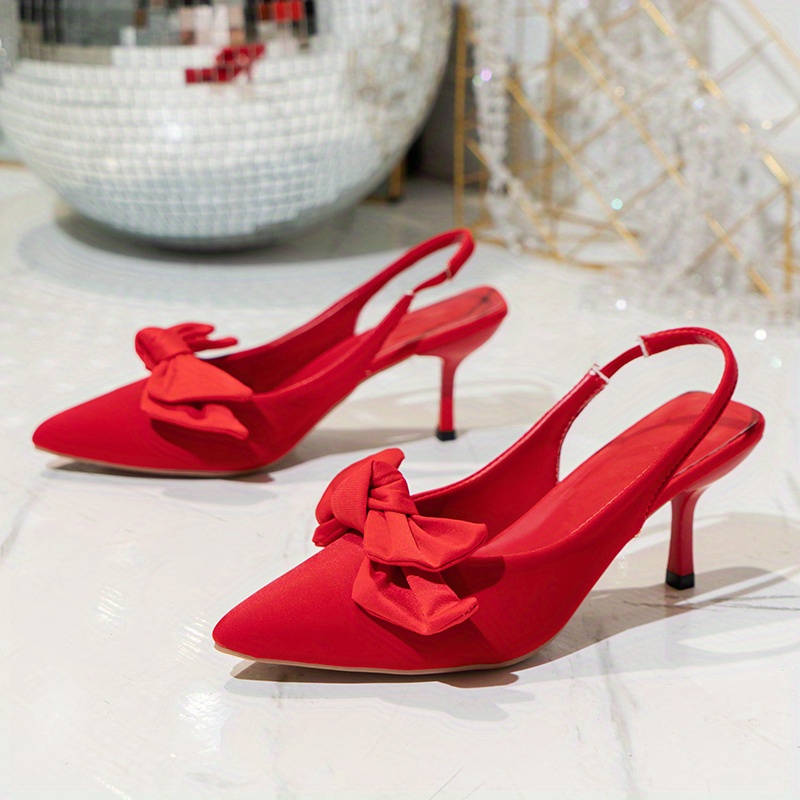 2.5 Women's Pointed Toe Kitten Heels Bow-Knot Slingback Pumps Red
